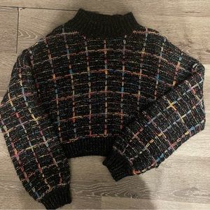 Mock Neck Black Knit Sweater with Colourful Detailing